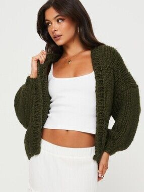 Princess Polly Lester Chunky Knit Oversized  Olive Green Open Cardigan S/m
